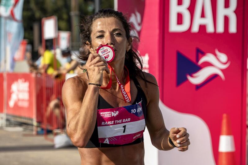 Chirine Njeim celebrates winning the Beirut Marathon Association's 10K Women's Race on Sunday May 23 in Beirut, Lebanon (Matt Kynaston).