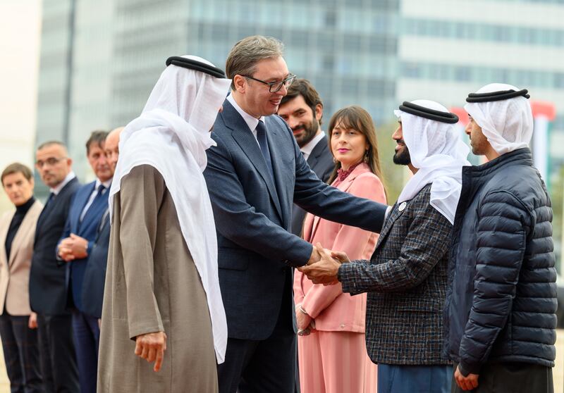 Mr Vucic greets Sheikh Nahyan bin Zayed. Photo: Mohamed Al Hammadi / Presidential Court