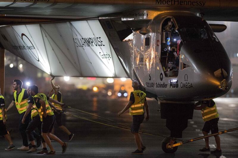 The Solar-powered Solar Impulse 2 prepares to take off from the Cairo International Airport. Khaled Desouki / AFP