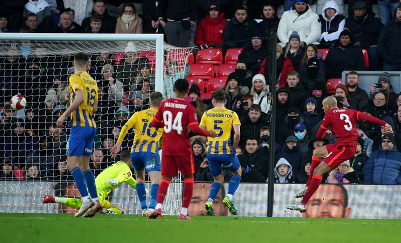 Fabinho scores his second - and Liverpool's fourth - goal. PA