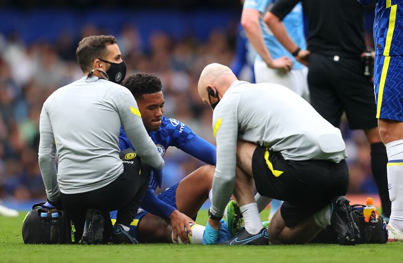 Chelsea's Reece James receives treatment after picking up an injury. Getty