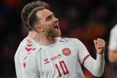 Denmark's Christian Eriksen celebrates scoring his side's second goal during the international friendly soccer match between the Netherlands and Denmark at the Johan Cruyff ArenA in Amsterdam, Netherlands, Saturday, March 26, 2022.  The match was Eriksen's first appearance for Denmark since he collapsed after suffering a cardiac arrest during a European Championship game in June.  (AP Photo / Peter Dejong)