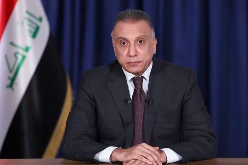 An image grab from a handout video released by the Iraqi Prime Minster's Office shows Prime Minister-designate Mustafa Kadhemi addressing the Iraqi people in a televised speech in the capital Baghdad, on April 9, 2020. Iraqi President nominated 53-year-old spy chief Kadhemi on April 9 as the country's third prime minister-designate this year, moments after his predecessor ended his bid to form a government, amid a budget crisis brought on by the collapse in world oil prices and the spread of the novel coronavirus. - RESTRICTED TO EDITORIAL USE - MANDATORY CREDIT "AFP PHOTO /IRAQI PRIME MINISTER'S OFFICE " - NO MARKETING - NO ADVERTISING CAMPAIGNS - DISTRIBUTED AS A SERVICE TO CLIENTS
 / AFP / IRAQI PRIME MINISTER'S OFFICE / - / RESTRICTED TO EDITORIAL USE - MANDATORY CREDIT "AFP PHOTO /IRAQI PRIME MINISTER'S OFFICE " - NO MARKETING - NO ADVERTISING CAMPAIGNS - DISTRIBUTED AS A SERVICE TO CLIENTS
