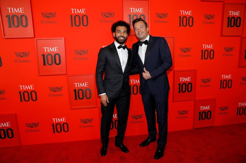 Jimmy Fallon and Mohamed Salah arrive on the red carpet for the Time 100 Gala at the Lincoln Center in New York on April 23, 2019. Reuters