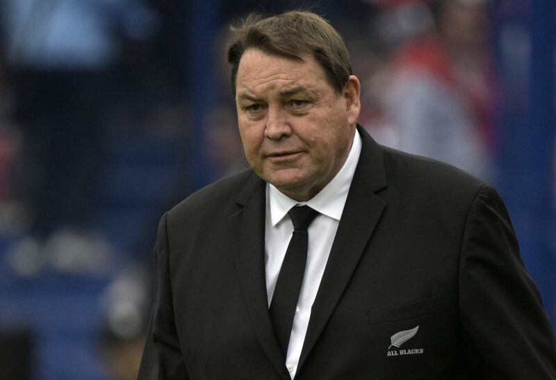 New Zealand's All Blacks head coach Steve Hansen gestures during the warm-up of the Rugby Championship match against Argentina's Los Pumas at Jose Amalfitani stadium in Buenos Aires, Argentina on July 20, 2019. All Blacks won 20-16. / AFP / JUAN MABROMATA
