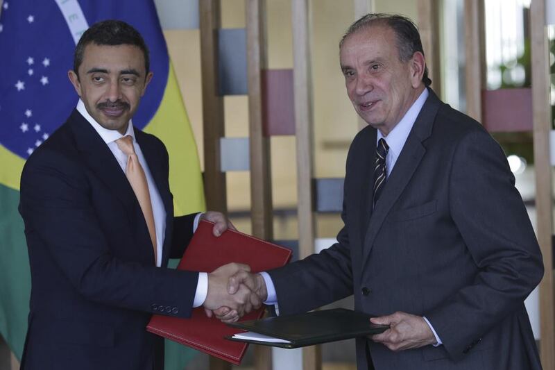 Sheikh Abdullah bin Zayed, Minister of Foreign Affairs and International Cooperation, with Brazil’s foreign minister Aloysio Nunes in Brasilia last month. AP Photo