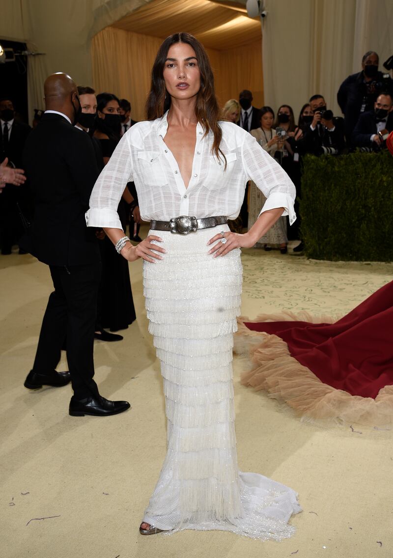 Lily Aldridge wears white Ralph Lauren to the 2021 Met Gala. AP