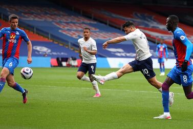 Manchester City's Sergio Aguero, second right, scores his teams first goal during the English Premier League soccer match between Crystal Palace and Manchester City at Selhurst Park in London, England, Saturday, May 1, 2021. (AP Photo/Catherine Ivill/Pool)