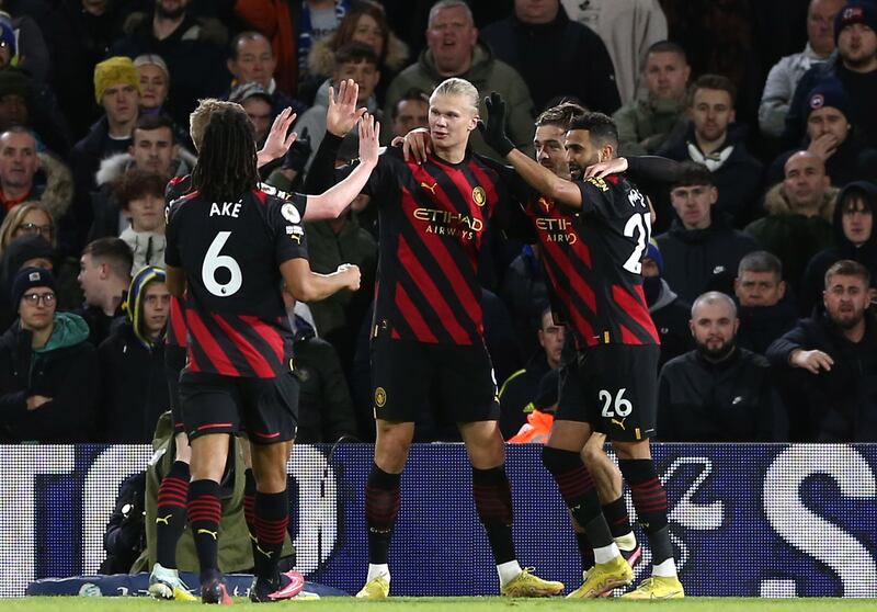Manchester City's Erling Haaland celebrates with teammates after scoring the third goal in the 3-1 Premier League victory against Leeds United at Elland Road on December 28, 2022. EPA