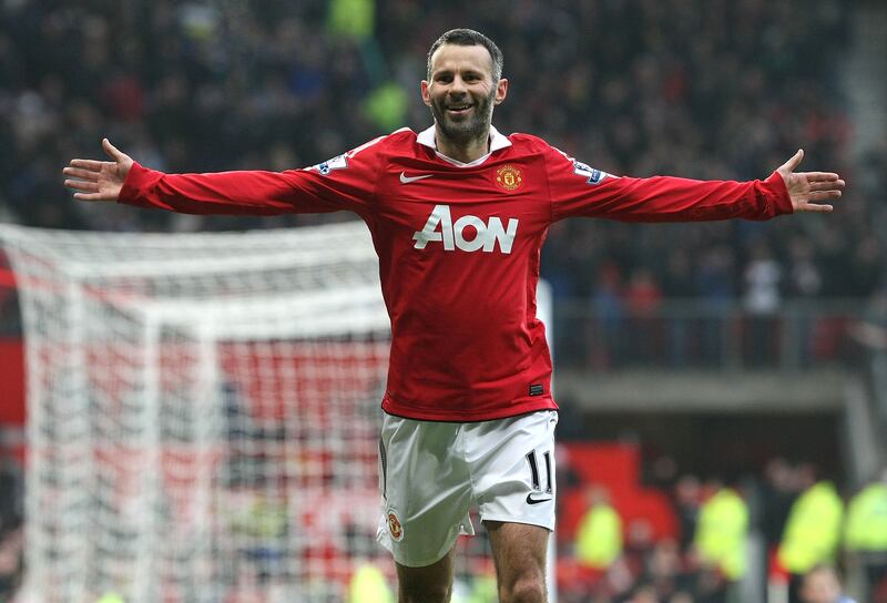 MANCHESTER, ENGLAND - JANUARY 22:  Ryan Giggs of Manchester United celebrates scoring their third goal during the Barclays Premier League match between Manchester United and Birmingham City at Old Trafford on January 22, 2011 in Manchester, England.  (Photo by John Peters/Manchester United via Getty Images)