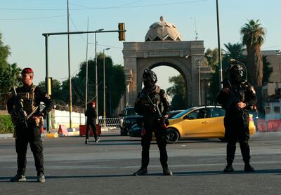 Security forces close the heavily fortified Green Zone during a protest outside in Baghdad on Saturday. AP