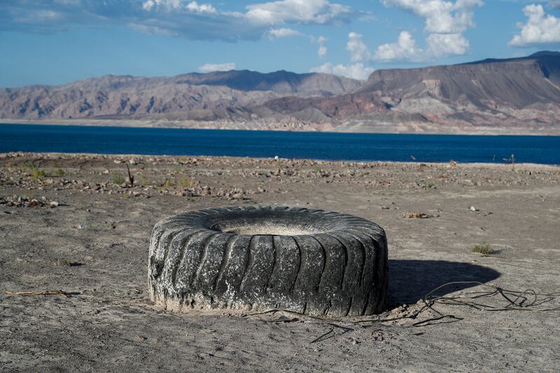 A tire sits on dried land that was once under water at the Lake Mead National Recreation Area in Boulder City, Nevada.  EPA