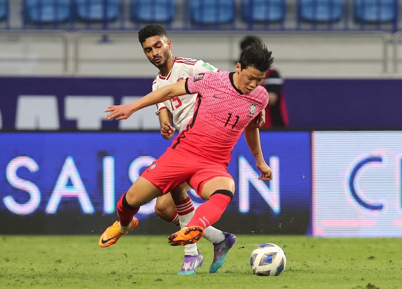 South Korea's Hwang Hee-chan on the ball against the UAE. Reuters