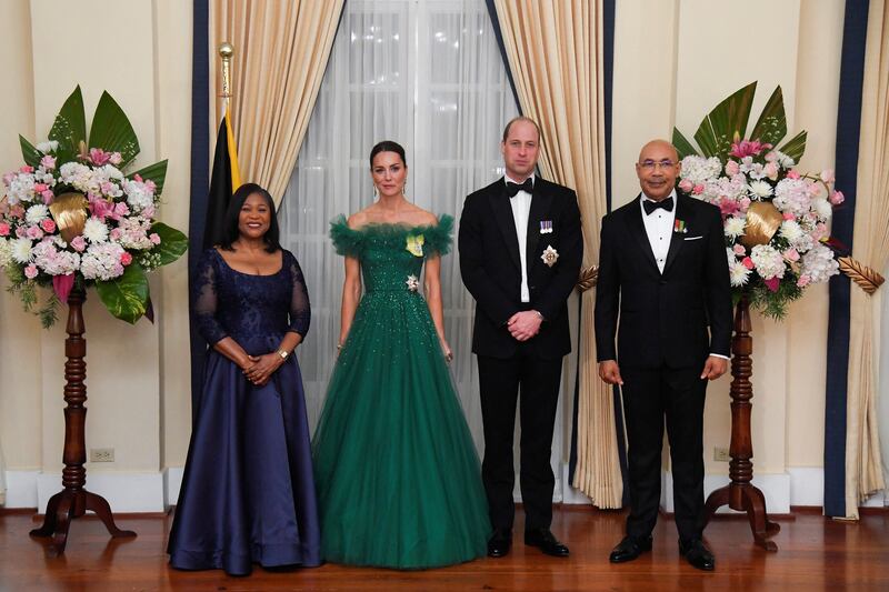 The duke and duchess with Patrick Allen, Governor General of Jamaica and his wife Patricia as they arrive for a dinner at King's House, Kingston.