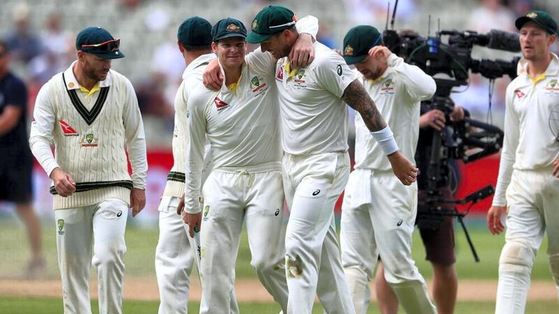 Justin Langer, left, is seen in ‘The Test’, which was launched on Amazon today. Courtesy Amazon