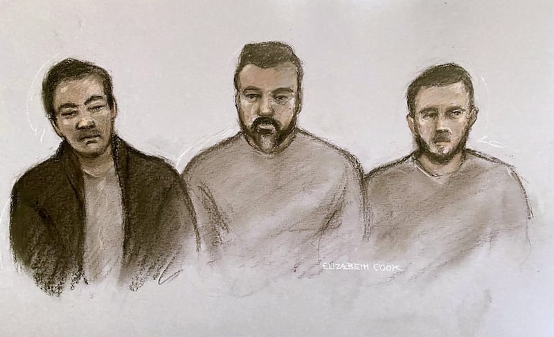A court artist's sketch of Chung Biu Yuen, Chi Leung Wai and Mr Trickett appearing at Westminster Magistrates' Court. PA