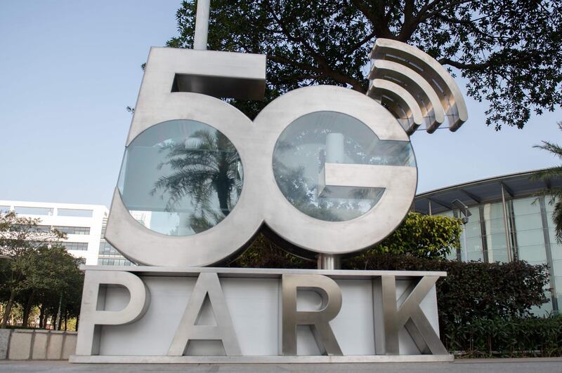 A sign that reads "5G park" is seen inside the Huawei global headquarters in Shenzhen in China���s southern Guangdong province on December 18, 2018.   / AFP / Nicolas ASFOURI
