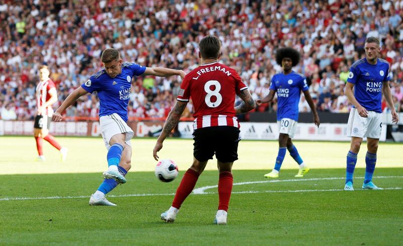 Soccer Football - Premier League - Sheffield United v Leicester City - Bramall Lane, Sheffield, Britain - August 24, 2019  Leicester City's Harvey Barnes scores their second goal          Action Images via Reuters/Ed Sykes  EDITORIAL USE ONLY. No use with unauthorized audio, video, data, fixture lists, club/league logos or "live" services. Online in-match use limited to 75 images, no video emulation. No use in betting, games or single club/league/player publications.  Please contact your account representative for further details.