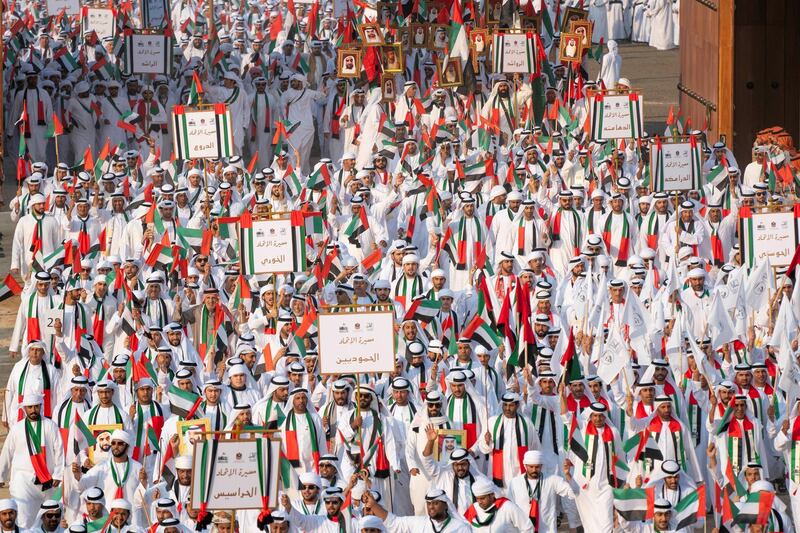 AL WATHBA, ABU DHABI, UNITED ARAB EMIRATES - December 03, 2019: Tribes participate in the Union March, during the Sheikh Zayed Heritage Festival.

( Eissa Al Hammadi for the Ministry of Presidential Affairs )
---