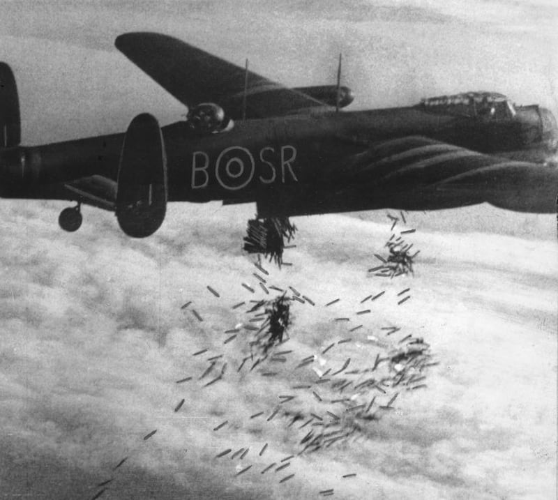 Bombs are released from a Royal Air Force Lancaster bomber high above Germany during the Second World War. SSPL / Getty Images

