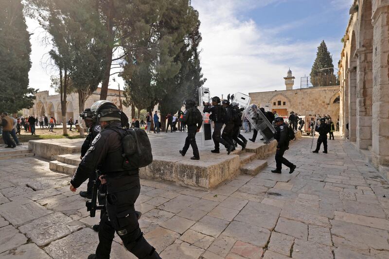 Israeli security forces inside Al Aqsa Mosque compound in Jerusalem's Old City, following clashes with Palestinian protesters. AFP