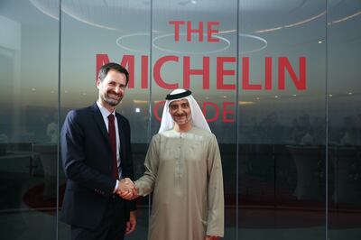 Gwendal Poullennec, international director of the 'Michelin Guides', and Saleh Mohamed Al Geziry, Director General for Tourism at the Department of Culture and Tourism – Abu Dhabi, at the 'Michelin Guide Abu Dhabi' launch on September 6, 2022. Photo: Michelin