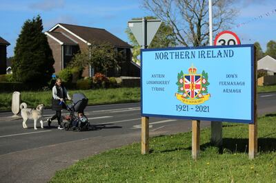 Lisburn 11 May 2021. A sign celebrating the of 100 years of Northern Ireland which reconise by the Loyalist community Ballymacash in Lisburn, Northern Ireland.  Photo/Paul McErlane