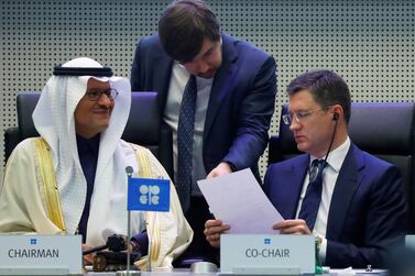 Saudi Arabia's Minister of Energy Prince Abdulaziz bin Salman Al-Saud and Russia's Energy Minister Alexander Novak are seen at the beginning of an OPEC and NON-OPEC meeting in Vienna last week. Reuters