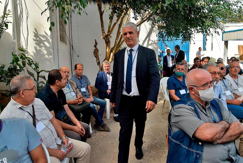 Leader of Algeria's opposition party the Rally for Culture and Democracy (RCD) Mohcine Belabbas, arrives to attend the party's national council held at its headquarters in the el-Biar suburb of the capital after a ban by authorities on holding it at the El Riyadh hotel in Staouali. AFP