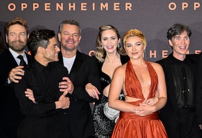 From left, Sir Kenneth Branagh, Rami Malek, Matt Damon, Emily Blunt, Florence Pugh and Cillian Murphy at the Oppenheimer UK Premiere. Getty Images