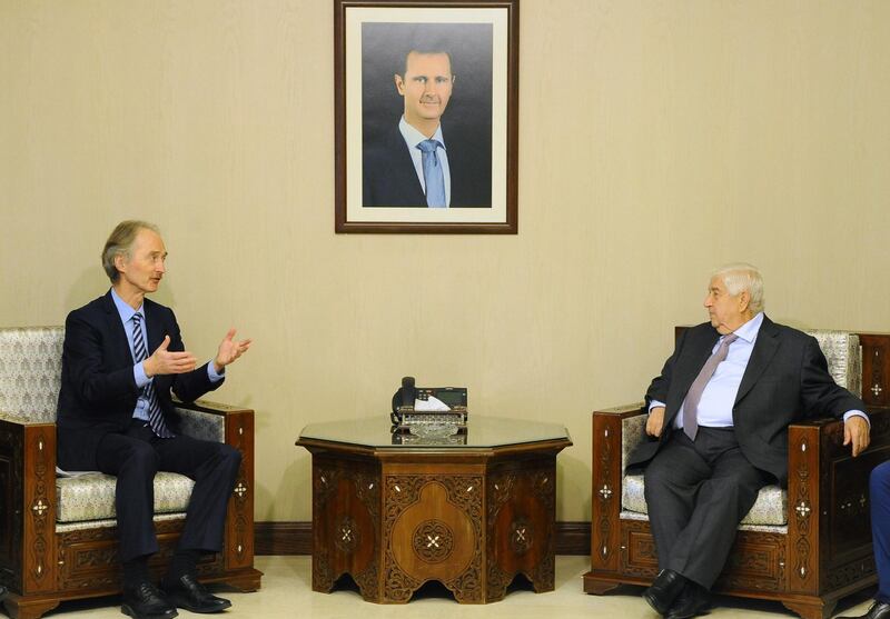 epa07286785 A handout photo made available by Syria's Arab News Agency (SANA) shows Syrian Foreign Minister Walid al-Moallem (R) meeting with the new UN special envoy to Syria Geir Pedersen, Damascus, Syria, 15 January 2019. This is the first visit to Syria by Geir Pedersen, 63, who was appointed as Special Envoy for Syria on 31 October 2018.  EPA/SANA HANDOUT  HANDOUT EDITORIAL USE ONLY/NO SALES