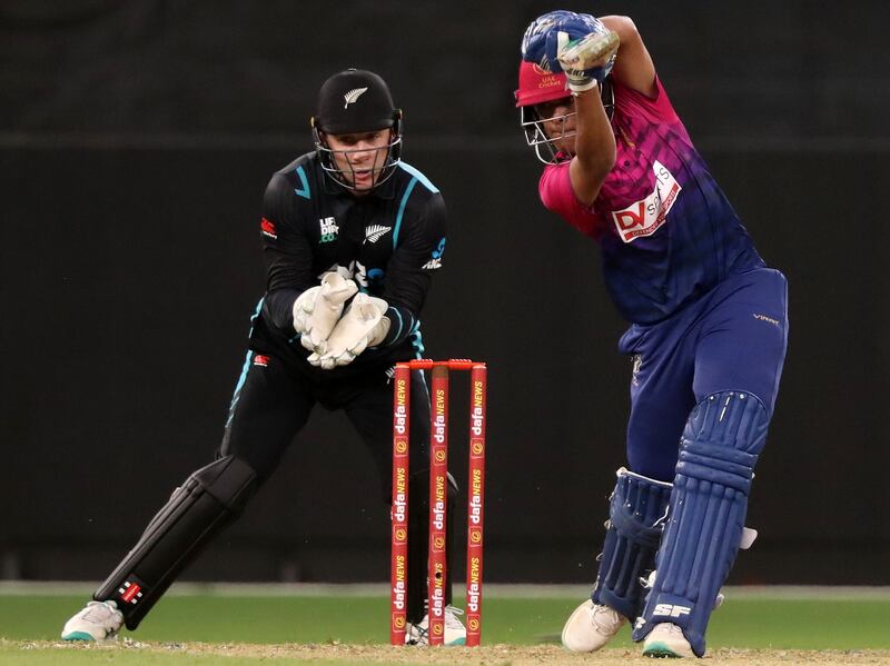 UAE's Aryansh Sharma hit a half-century on his T20 international debut but could not stop his team losing to New Zealand by 19 runs at Dubai International Cricket Stadium, on August 17, 2023. All images: Chris Whiteoak / The National