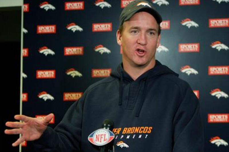 Denver Broncos quarterback Peyton Manning speaks at a news conference at the NFL team's football headquarters in Englewood, Colo., on Monday, April 16, 2012.  Manning spoke to reporters after working out with the team. (AP Photo/Ed Andrieski)