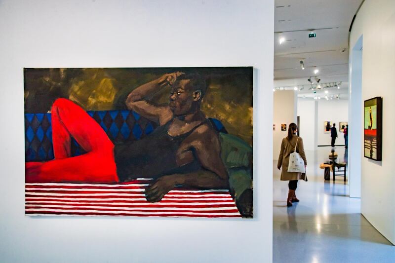 A painting by British artist Lynette Yiadom-Boakye at the Bourse de Commerce, which is located in Paris. EPA