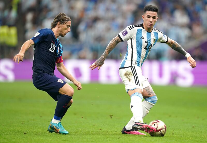 Argentina midfielder Enzo Fernandez shields the ball from Croatia's Luka Modric in the World Cup semi-final.