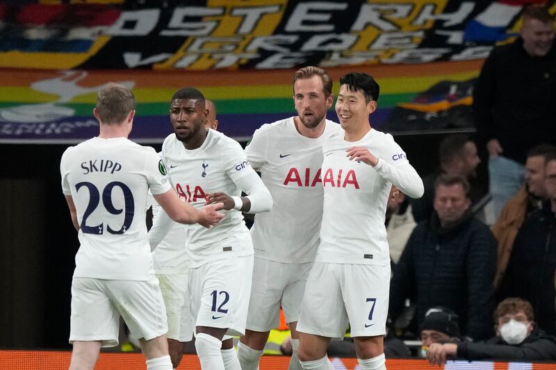 Tottenham's Son Heung-min, right, celebrates with Tottenham's Harry Kane after scoring his side's first goal during the Europa Conference League group G soccer match between Tottenham Hotspur and SBV Vitesse at Tottenham Hotspur Stadium in London, Thursday, Nov.  4, 2021 .  (AP Photo / Frank Augstein)