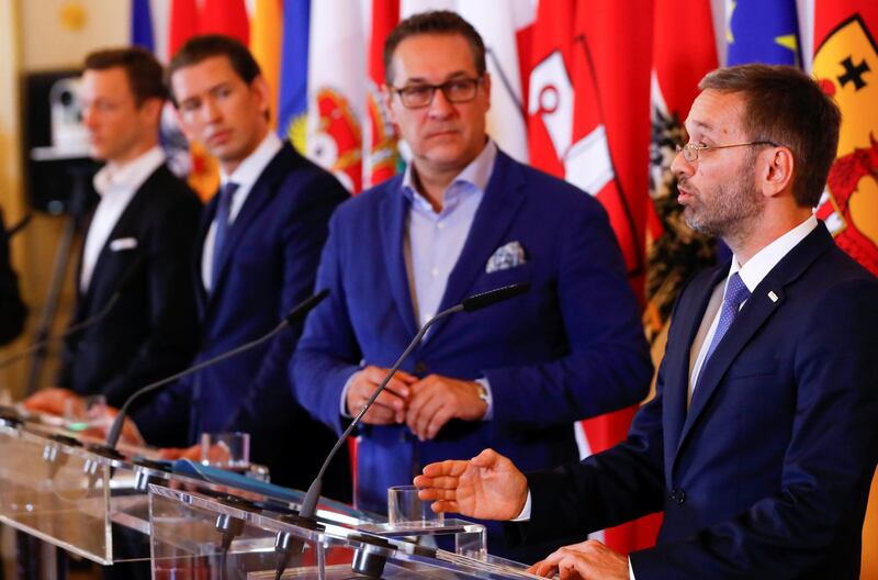 Austrian Chancellor Sebastian Kurz, Vice Chancellor Heinz-Christian Strache and Interior Minister Herbert Kickl attend a news conference in Vienna, Austria June 8, 2018. REUTERS/Leonhard Foeger