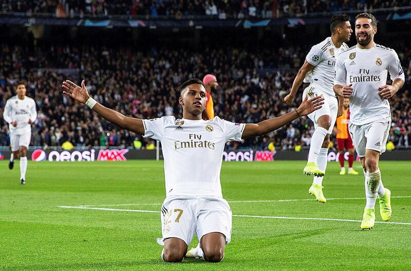 Rodrygo celebrates after making it 2-0 to Real after only seven minutes at the Bernabeu. EPA