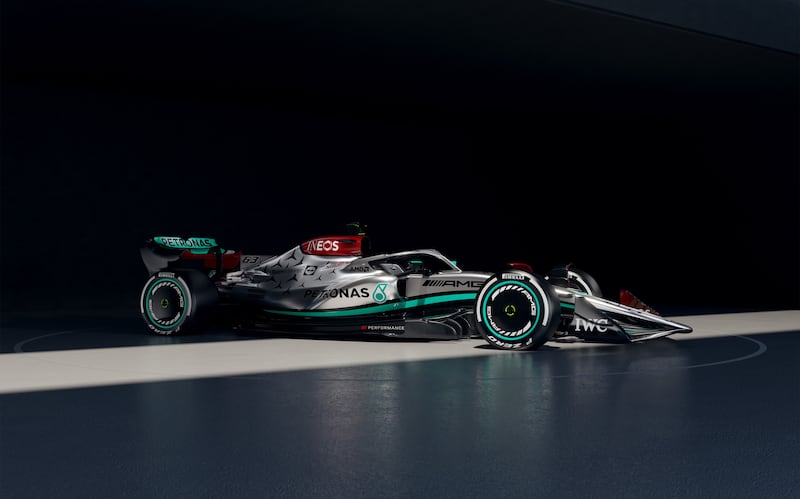 Mercedes' W13 E Performance 2022 Formula One car at Silverstone. PA