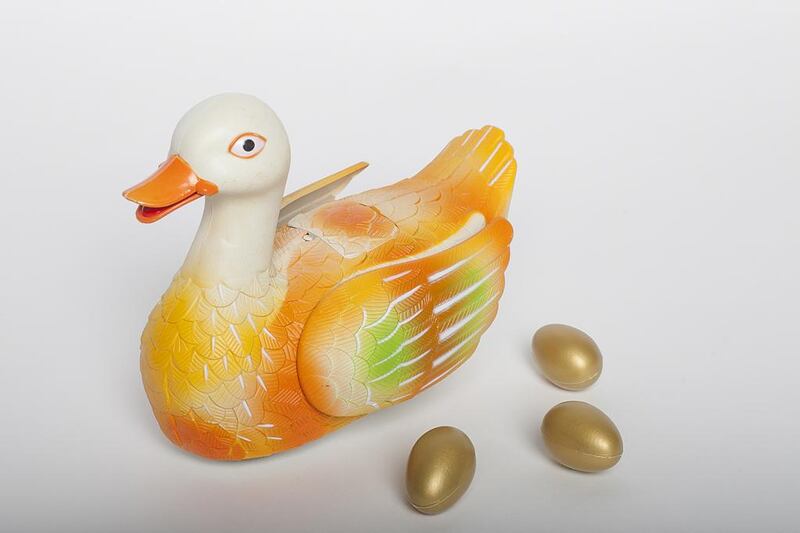 Amusing Duck — Dh30

From the same family as Likeable Rabbit, Milking Cow and Happy Hen, this moving, flashing, egg-laying duck is one of the stores’ most popular toys. “I will be singing when I am walking, my wings and mouth will be in action all the time. With red light sometimes I will stop for having eggs,” explains the box.