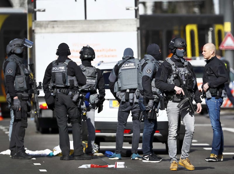 Armed police at the scene where a shooting took place in Utrecht, the Netherlands. EPA