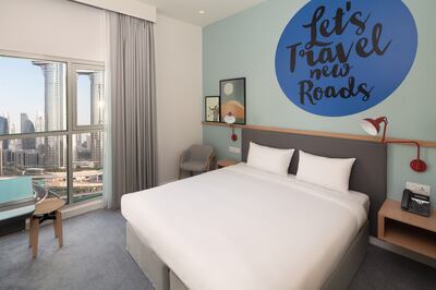 Rooms at Rove City Walk have a funky, minimalist design with all the essentials you need for your stay in the heart of Dubai. Photo: Rove Hotels
