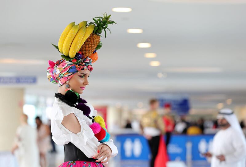 Dubai, United Arab Emirates - March 30, 2019: A model posses for photographs at the Dubai World Cup. Saturday the 30th of March 2019 at Meydan Racecourse, Dubai. Chris Whiteoak / The National