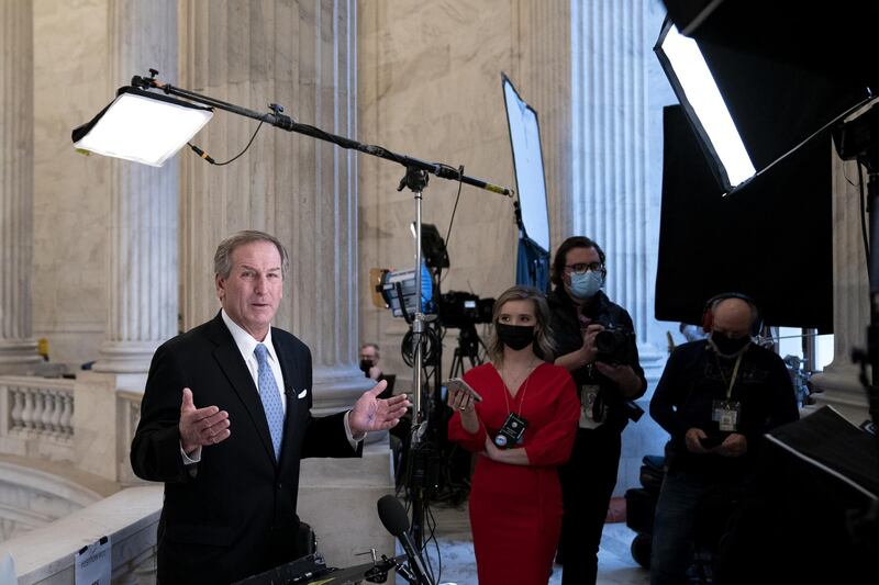 Michael van der Veen, defense attorney for Donald Trump, speaks during a television interview in the Russell Senate Office Building on Capitol Hill in Washington. Donald Trump's second impeachment trial ended in a not guilty verdict on a vote of 57-43, short of the two-thirds majority required. Bloomberg