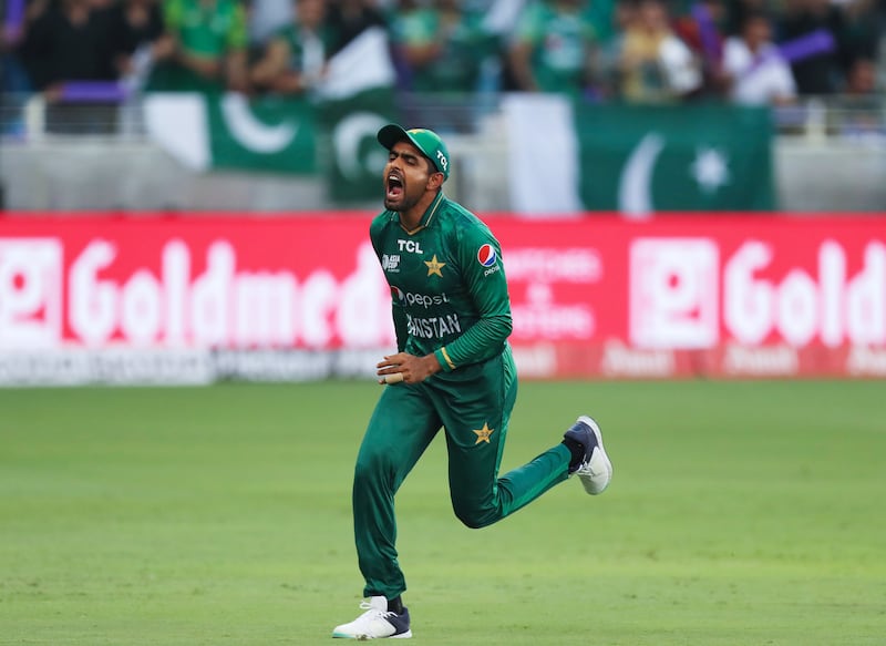 Pakistan's Haris Rauf celebrates after taking the wicket of Sri Lanka batter Pathum Nissanka, who was caught by Babar Azam.