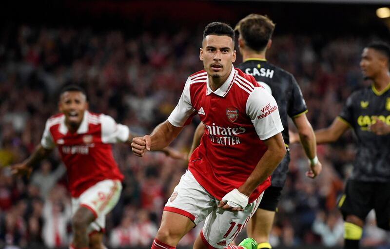 Gabriel Martinelli celebrates after putting Arsenal 2-1 ahead. Reuters