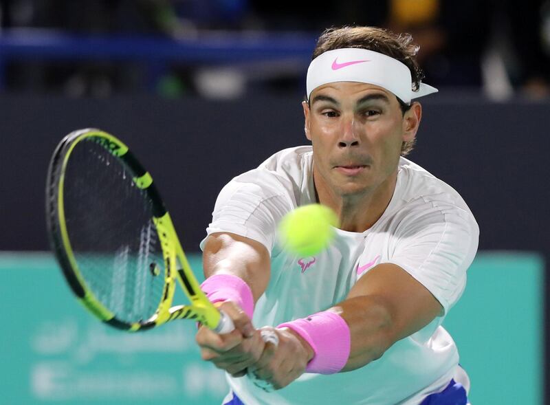 Abu Dhabi, United Arab Emirates - Reporter: Jon Turner: Rafael Nadal plays a shot during the semi final between Rafael Nadal v Karen Khachanov at the Mubadala World Tennis Championship. Friday, December 20th, 2019. Zayed Sports City, Abu Dhabi. Chris Whiteoak / The National