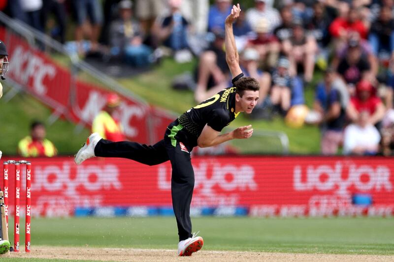 Australia's Jhye Richardson bowls during the 2nd cricket T20 match between New Zealand and Australia at University Oval in Dunedin on February 25, 2021. (Photo by Marty MELVILLE / AFP)