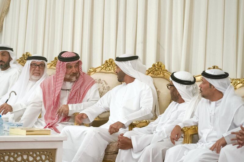 ABU DHABI, UNITED ARAB EMIRATES - September 25, 2019: HH Sheikh Mohamed bin Zayed Al Nahyan, Crown Prince of Abu Dhabi and Deputy Supreme Commander of the UAE Armed Forces (3rd R), offers condolences to the family of HE Abdullah Al Sayyed Al Hashemi.

( Hamad Al Kaabi  / Ministry of Presidential Affairs )
---