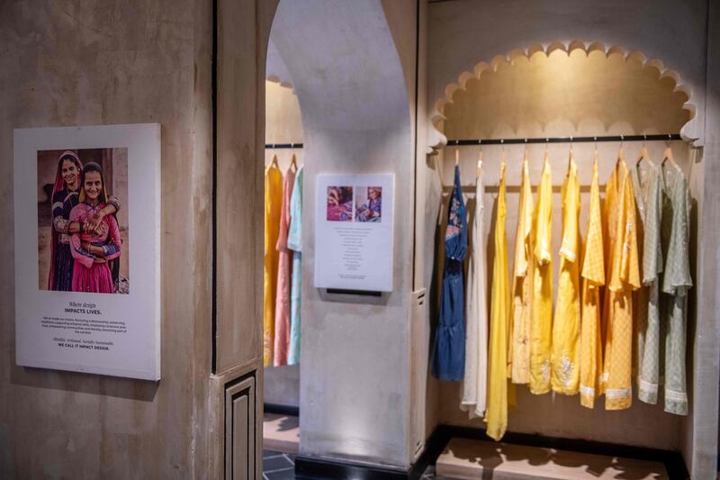 In this photo taken on February 14, 2020, dresses of fashion designer Anita Dongre are displayed at her store in Mumbai. With stores in India and New York, multiple clothing brands and a global celebrity following, fashion designer Anita Dongre is a feminist powerhouse in a male-dominated industry. But her true ambition is to create an environmentally sustainable company, she says. - TO GO WITH Women-activism-India-fashion-economy-environment,INTERVIEW by Ammu Kannampilly
 / AFP / Laurène Becquart / TO GO WITH Women-activism-India-fashion-economy-environment,INTERVIEW by Ammu Kannampilly
